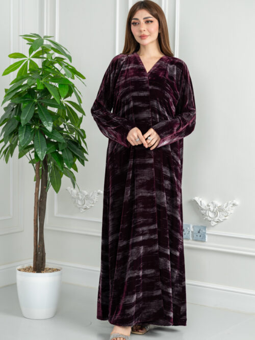 عباية شتوية مخمل كوري ترند مموج عنابي